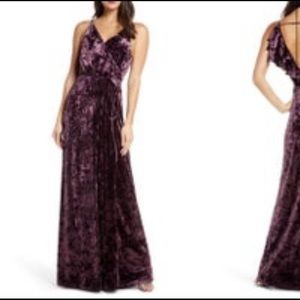 WAYF The Emma Ruffle Neck Velvet Faux Wrap Gown